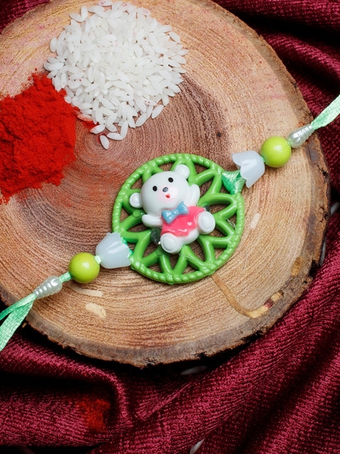 

Shoshaa Kids Green & White Teddy Rakhi With Roli & Chawal