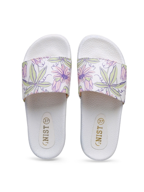 

GNIST Women White & Green Floral Printed Sliders