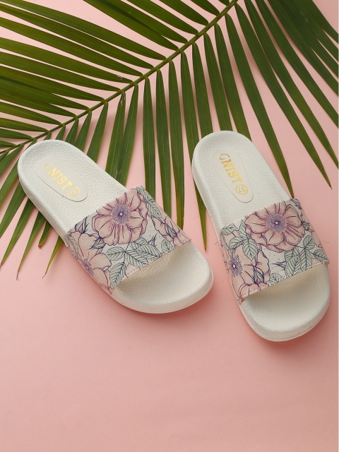 

GNIST Women White & Pink Printed Sliders