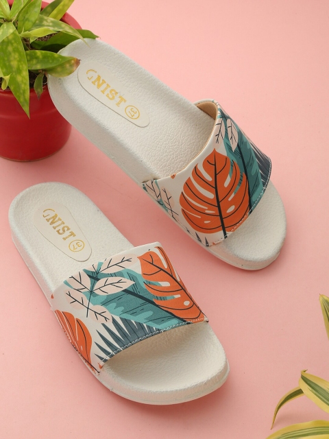 

GNIST Women White & Orange Tropical Printed Sliders