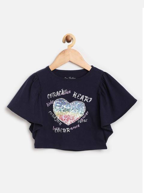 

One Friday Navy Blue Embellished Flared Sleeve Regular Top