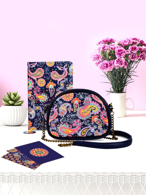 

Doodle Multicoloured Motif Ink Combo Gift Set of Notebook Notecard and Sling Bag, Multi
