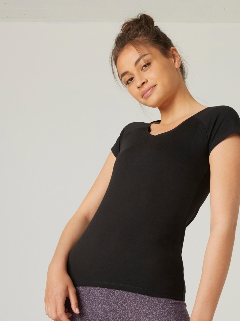 

Domyos By Decathlon Women Black V-Neck Cotton Training or Gym T-shirt