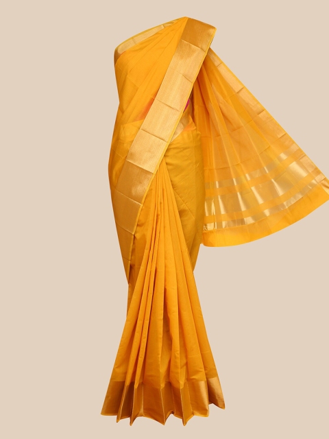 

The Chennai Silks Mustard & Gold-Toned Zari Silk Cotton Fusion Maheshwari Saree