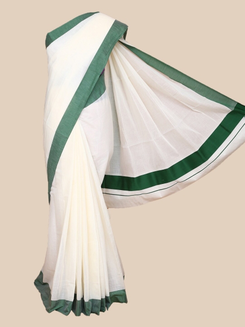 

The Chennai Silks Off White & Green Pure Cotton Kerala Kasavu Saree