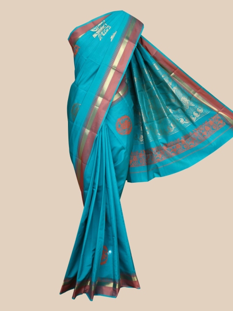 

The Chennai Silks Turquoise Blue & Orange Ethnic Motifs Zari Art Silk Saree