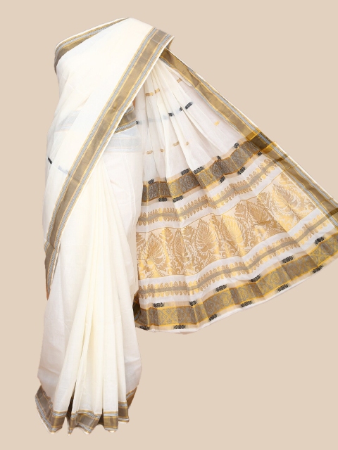 

The Chennai Silks Off White & Brown Woven Design Pure Cotton Fusion Kasavu Saree