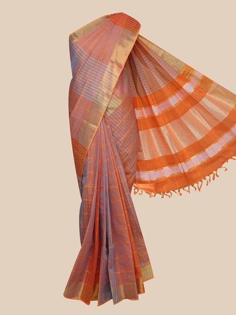 

The Chennai Silks Rust & Blue Striped Zari Pure Cotton Kanjeevaram Saree