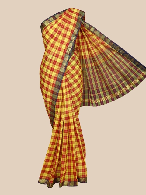 

The Chennai Silks Yellow & Red Checked Zari Pure Cotton Fusion Chettinad Saree