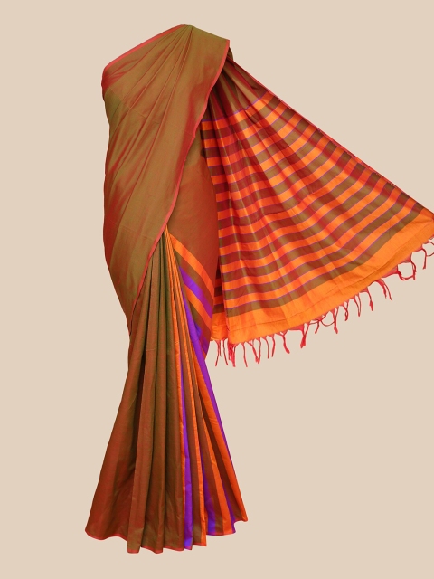 

The Chennai Silks Olive Green & Orange Striped Saree
