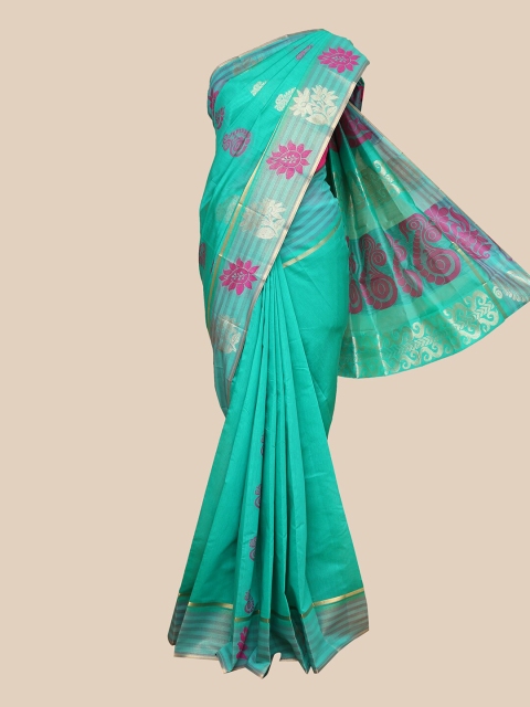 

The Chennai Silks Sea Green & Pink Floral Silk Cotton Fusion Maheshwari Saree