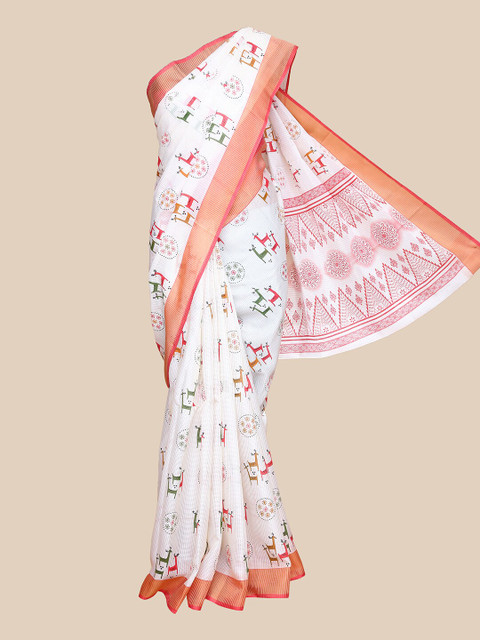 

The Chennai Silks Off White & Pink Ethnic Motifs Printed Zari Border Saree