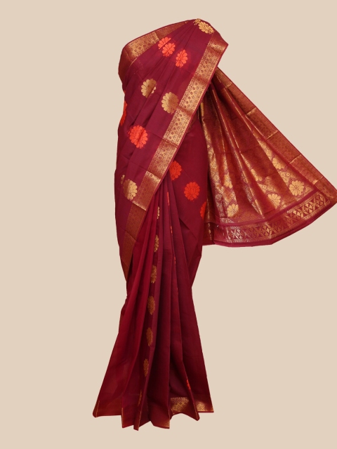 

The Chennai Silks Maroon & Red Floral Zari Silk Cotton Maheshwari Saree