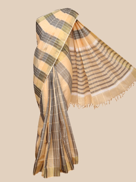 

The Chennai Silks Beige & Grey Striped Pure Kanchi Cotton Saree