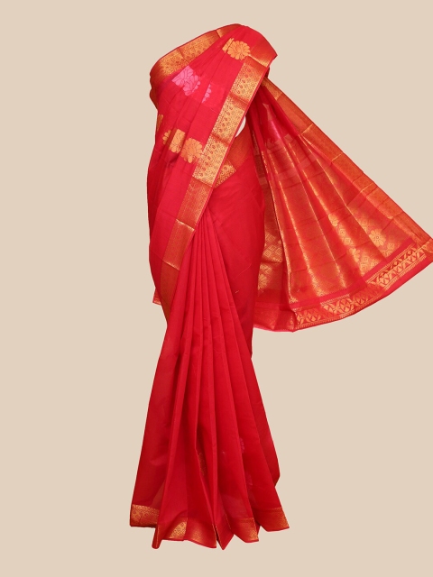 

The Chennai Silks Red & Pink Floral Zari Silk Cotton Maheshwari Saree