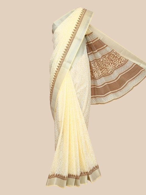 

The Chennai Silks Yellow & Olive Green Floral Chanderi Saree