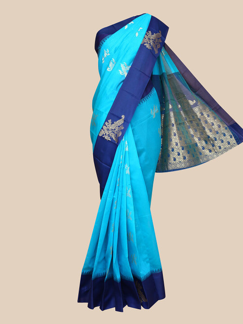 

The Chennai Silks Blue & Silver-Toned Woven Design Zari Pure Cotton Fusion Maheshwari Saree