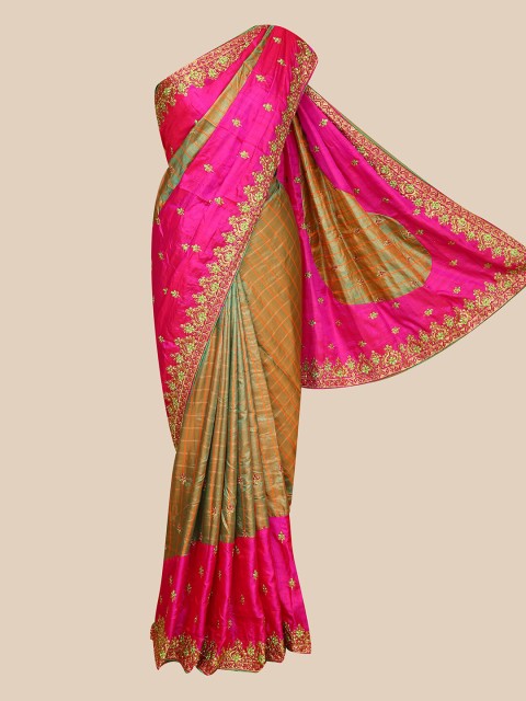 

The Chennai Silks Olive Green & Magenta Checked Beads and Stones Heavy Work Saree