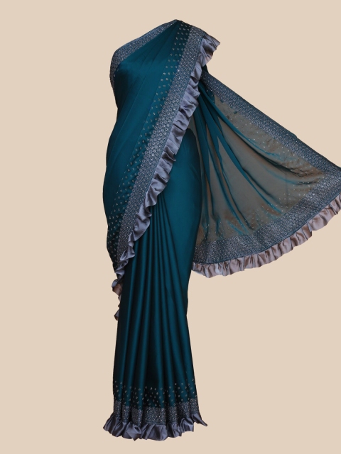 

The Chennai Silks Teal & Grey Embroidered Ruffles Detail Saree