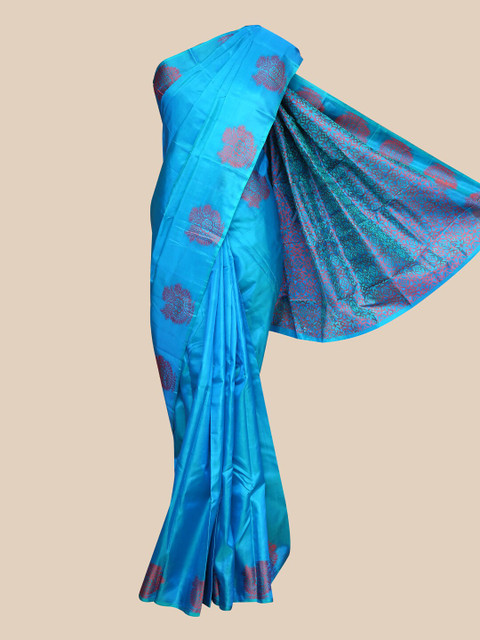 

The Chennai Silks Blue & Pink Pure Silk Ethnic Motifs Printed Border Arani Saree