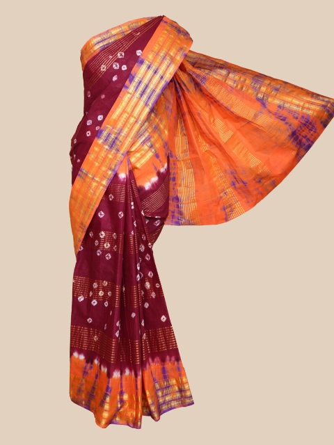 

The Chennai Silks Maroon & Orange Bandhani Pure Cotton Fusion Saree