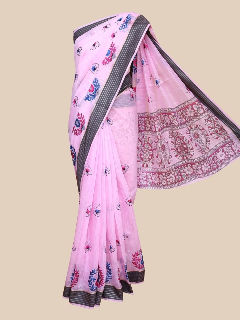 

The Chennai Silks Pink & Black Ethnic Motifs Embroidered Chanderi Saree