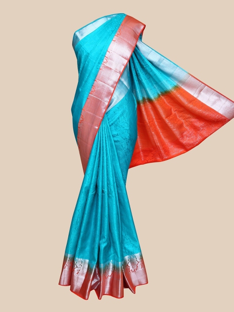 

The Chennai Silks Blue & Orange Floral Woven Design Jute Cotton Saree