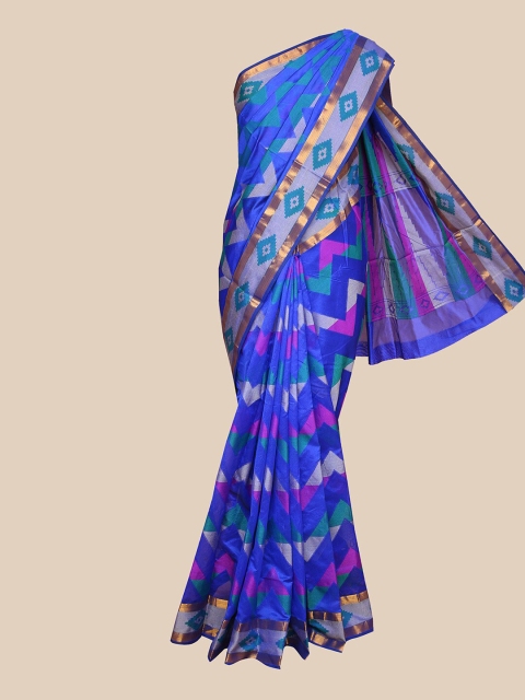 

The Chennai Silks Blue & Purple Geometric Printed Silk Blend Saree
