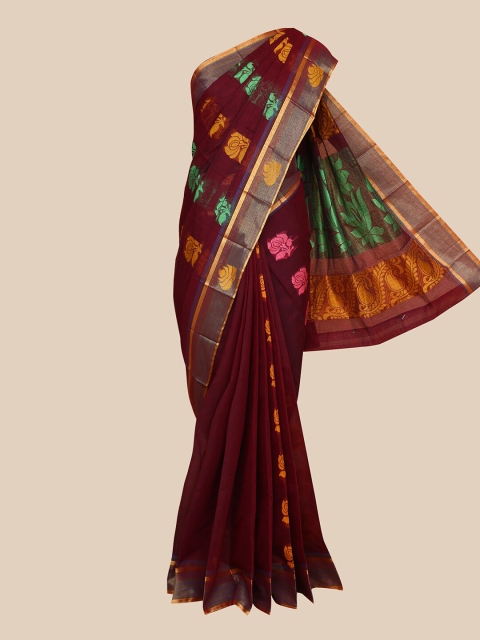 

The Chennai Silks Maroon & Pink Ethnic Motifs Zari Silk Cotton Maheshwari Saree