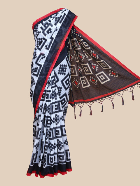 

The Chennai Silks White & Black Pure Cotton Fusion Pochampally Saree