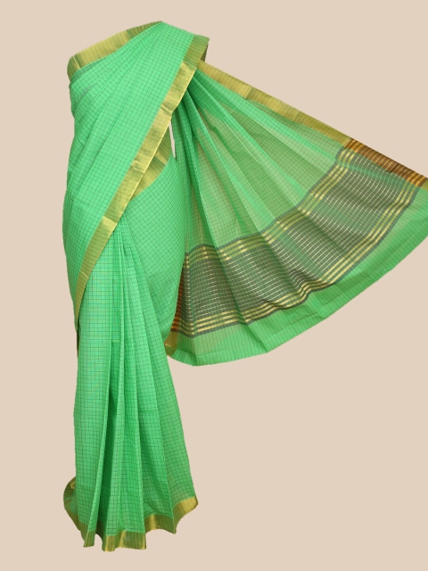 

The Chennai Silks Green & Gold-Toned Checked Pure Cotton Fusion Saree