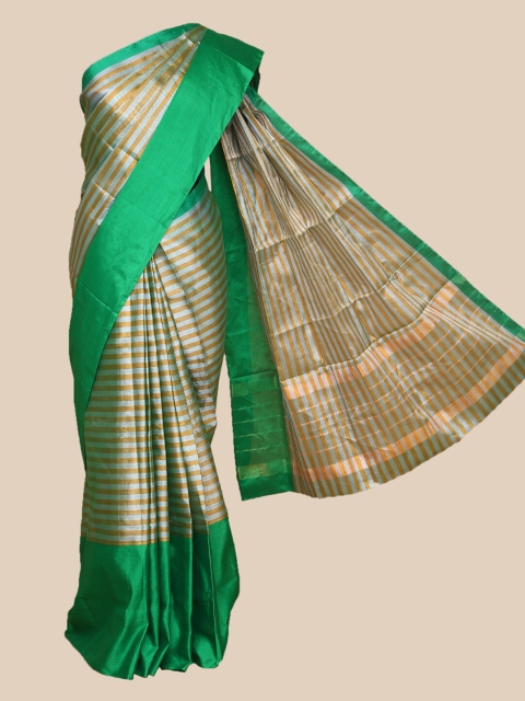 

The Chennai Silks Grey & Gold-Toned Striped Zari Pure Cotton Fusion Chettinad Saree