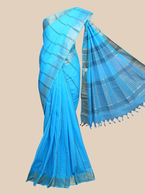 

The Chennai Silks Blue & Silver-Coloured Zari Striped Saree