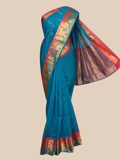 

The Chennai Silks Blue & Gold-Toned Ethnic Motifs Zari Pure Cotton Venkatgiri Saree