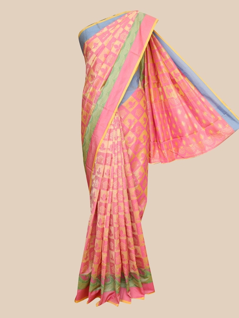 

The Chennai Silks Pink & Yellow Floral Supernet Fusion Kota Saree