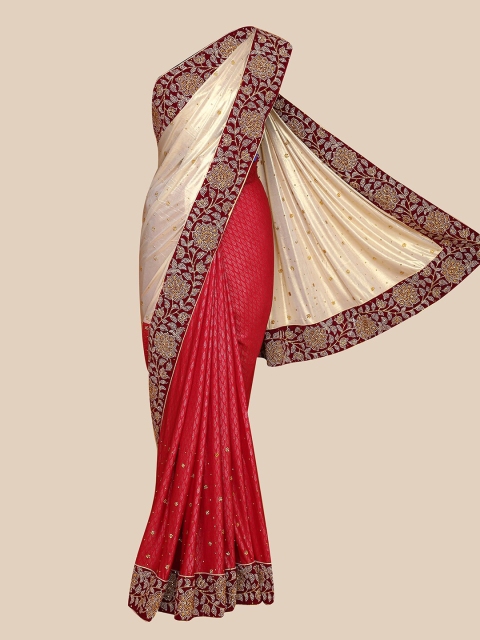 

The Chennai Silks Beige & Red Embellished Beads and Stones Heavy Work Saree