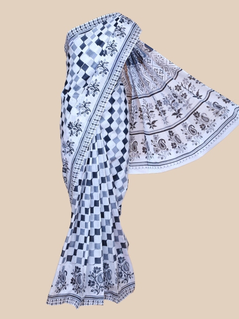 

The Chennai Silks White & Blue Printed Pure Cotton Fusion Saree