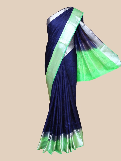 

The Chennai Silks Navy Blue & Green Ethnic Motifs Satin Patta Jute Cotton Saree