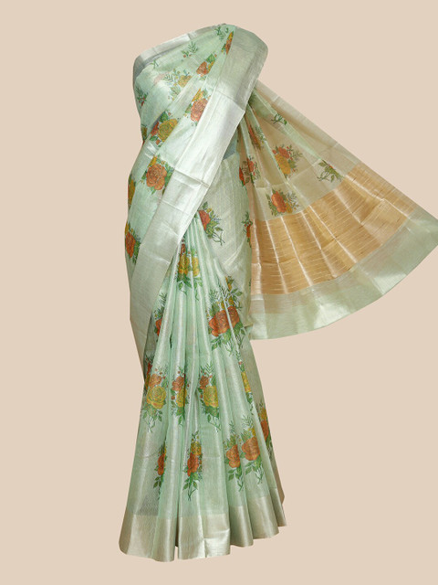 

The Chennai Silks Green & Brown Floral Printed Supernet Fusion Kota Saree