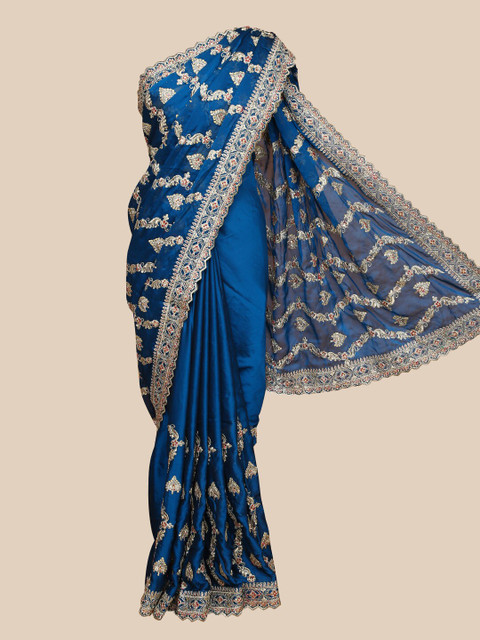 

The Chennai Silks Blue & Gold-Coloured Floral Embroidered Heavy Work Saree