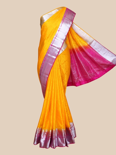 

The Chennai Silks Yellow & Pink Floral Zari Jute Cotton Saree