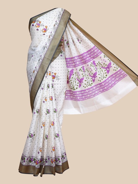 

The Chennai Silks Off White & Purple Floral Printed Fusion Saree