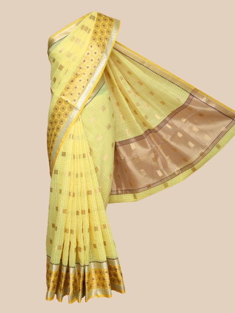 

The Chennai Silks Yellow & Gold-Toned Checked Zari Chanderi Saree