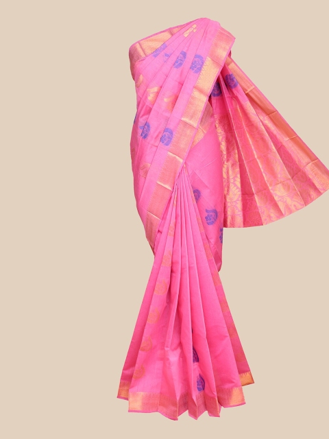 

The Chennai Silks Pink & Blue Floral Zari Silk Cotton Maheshwari Saree