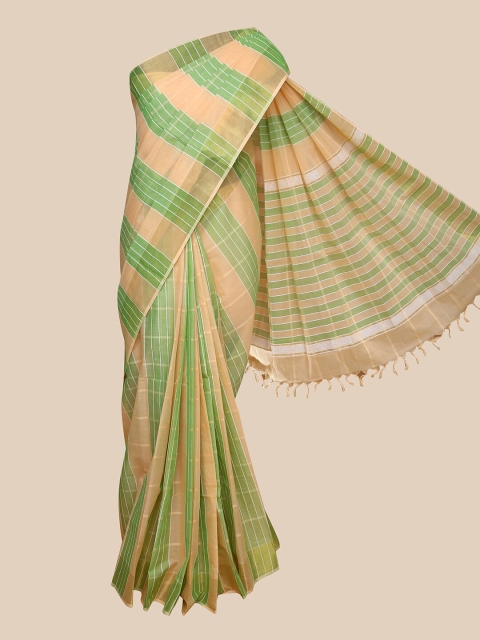 

The Chennai Silks Beige & Green Striped Pure Cotton Kanjeevaram Saree