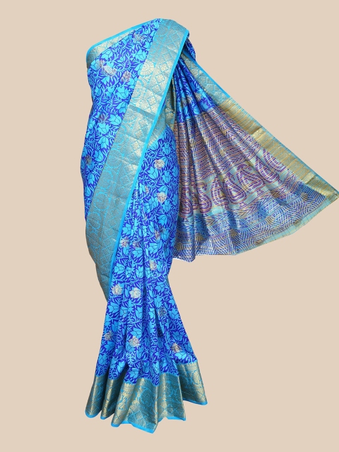 

The Chennai Silks Blue & Gold-Toned Floral Zari Jute Cotton Saree