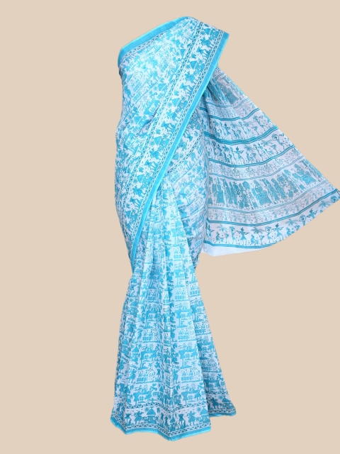 

The Chennai Silks Off White & Blue Warli Pure Cotton Fusion Saree