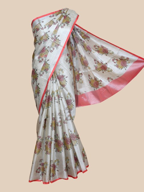 

The Chennai Silks Silver-Toned & Mustard Floral Tissue Fusion Saree