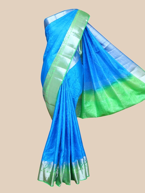 

The Chennai Silks Blue & Green Floral Jute Cotton Fusion Saree