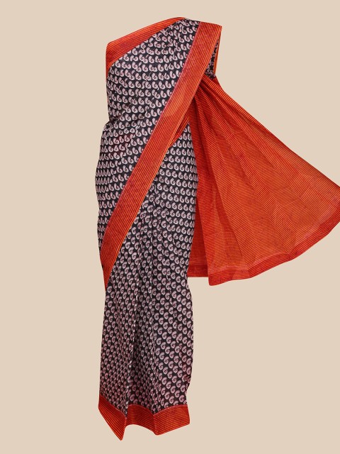 

The Chennai Silks Black & Orange Ethnic Motifs Pure Cotton Saree